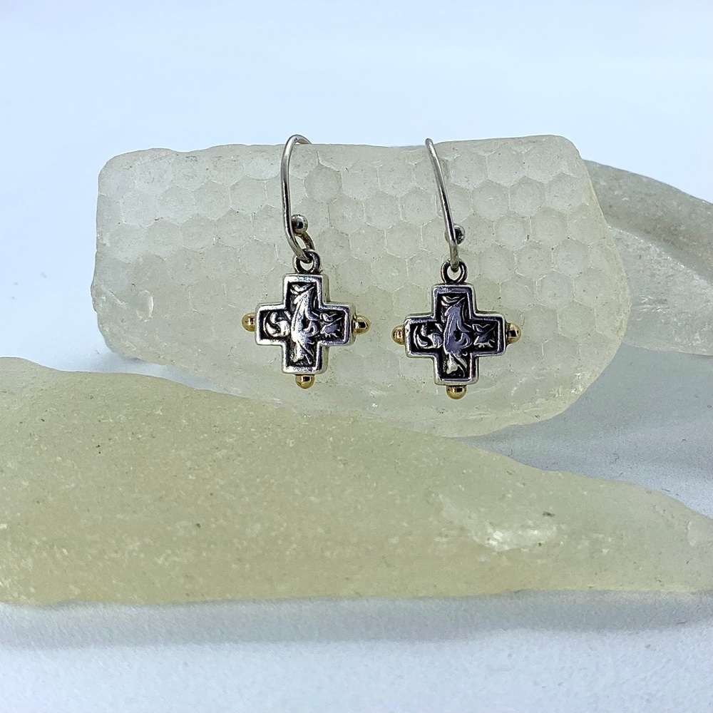 Sterling Silver Cross Earrings 925 w/ 14kt